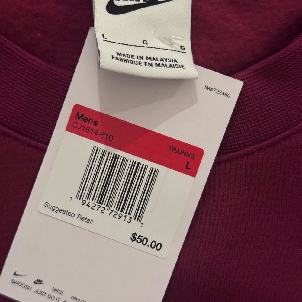 NWT Nike Club Fleece Crewneck Sweatshirt Cardinal/White LARGE - Picture 4 of 6